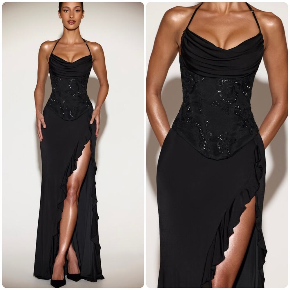 Oh Polly Miravie Embellished Cowl-Neck Ruffled Gown Dress in Black Size 10